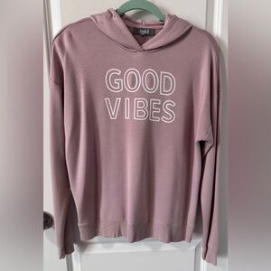 NWOT Marled Dusty Pink Hooded Knit Top Size Medium “Good Vibes”